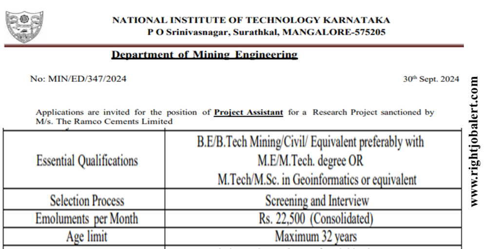 B.E B.Tech M.E M.Tech M.Sc Mining and Civil Engineering Jobs in  National Institute of Technology Surathkal