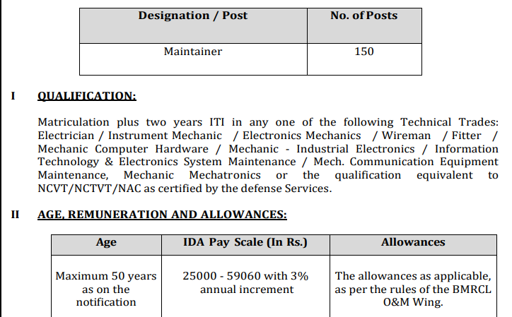 150 ITI Job opportunities in Bangalore Metro Rail Corporation