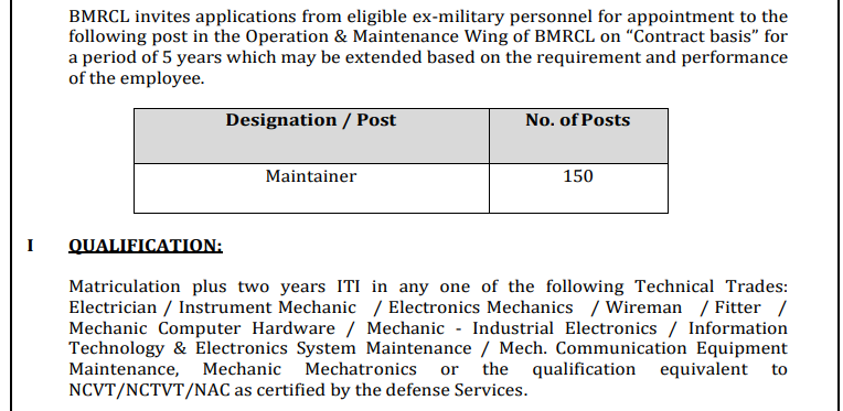 BMRCL Maintainer Recruitment - 150 Vacancies