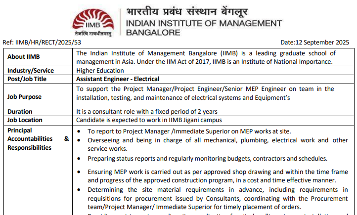 Electrical and Mechanical Engineering Jobs in Indian Institute of Management Bangalore